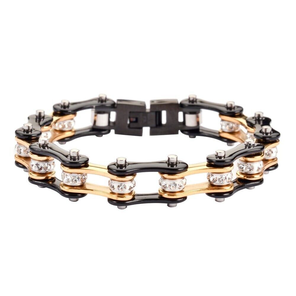 Heavy Metal Jewelry Two Tone Gold Black With White Crystal Centers Bracelet 7.25